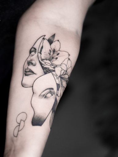semi-realistic portrait with lily flowers tattoo on forearm, done in Lörrach by vegan tattoo artist Jannine Stefanov