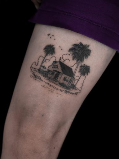 anime / manga dragon ball kame house fineline tattoo on thigh, done in Lörrach by vegan tattoo artist Jannine Stefanov